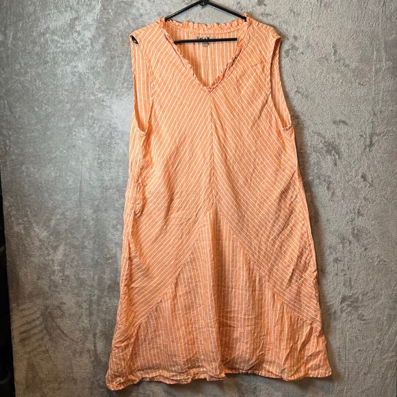 Flax 100% Linen Orange White Striped Sleeveless Ruffle Dress Large Lagenlook - Picture 1 of 7